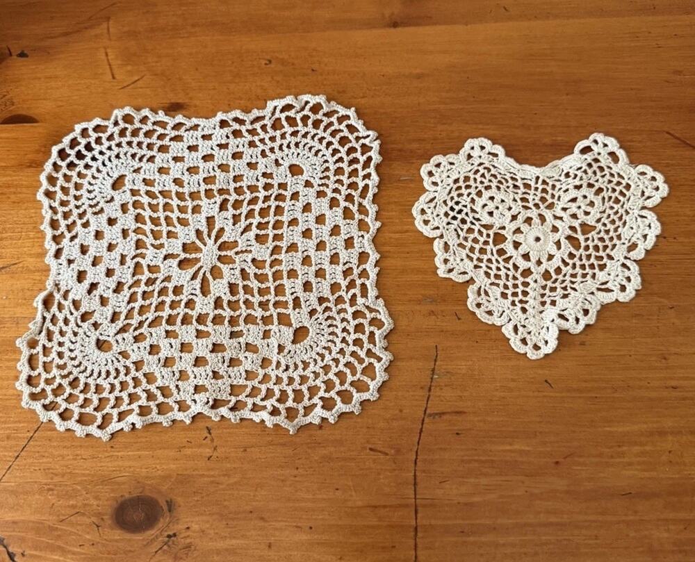 Vintage Crochet Doily Set Square & Heart Handmade Cotton Cottage Farmhouse Decor